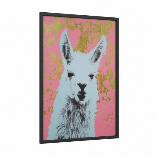 Serene Alpaca framed art print — black wood frame — pink and gold palette