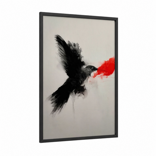 Crimson Hummingbird framed art print — black wood frame — black and red palette