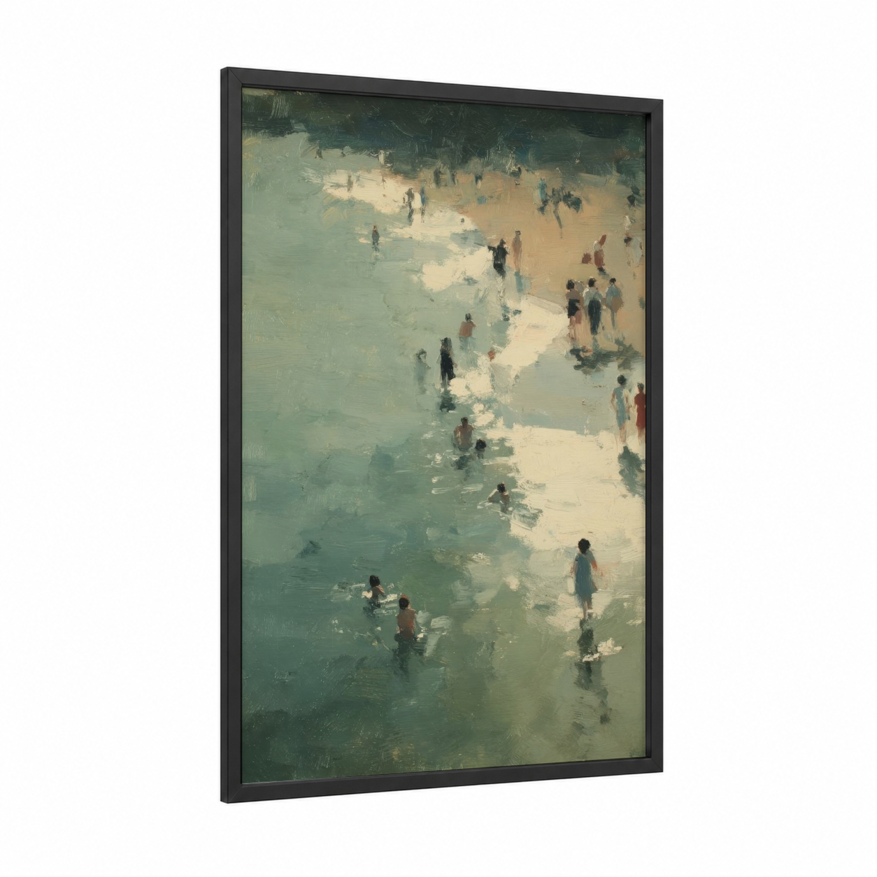 Seaside Swimmers framed swimming print — black wood frame — sage green and cream palette
