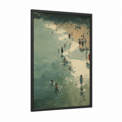 Seaside Swimmers framed swimming print — black wood frame — sage green and cream palette