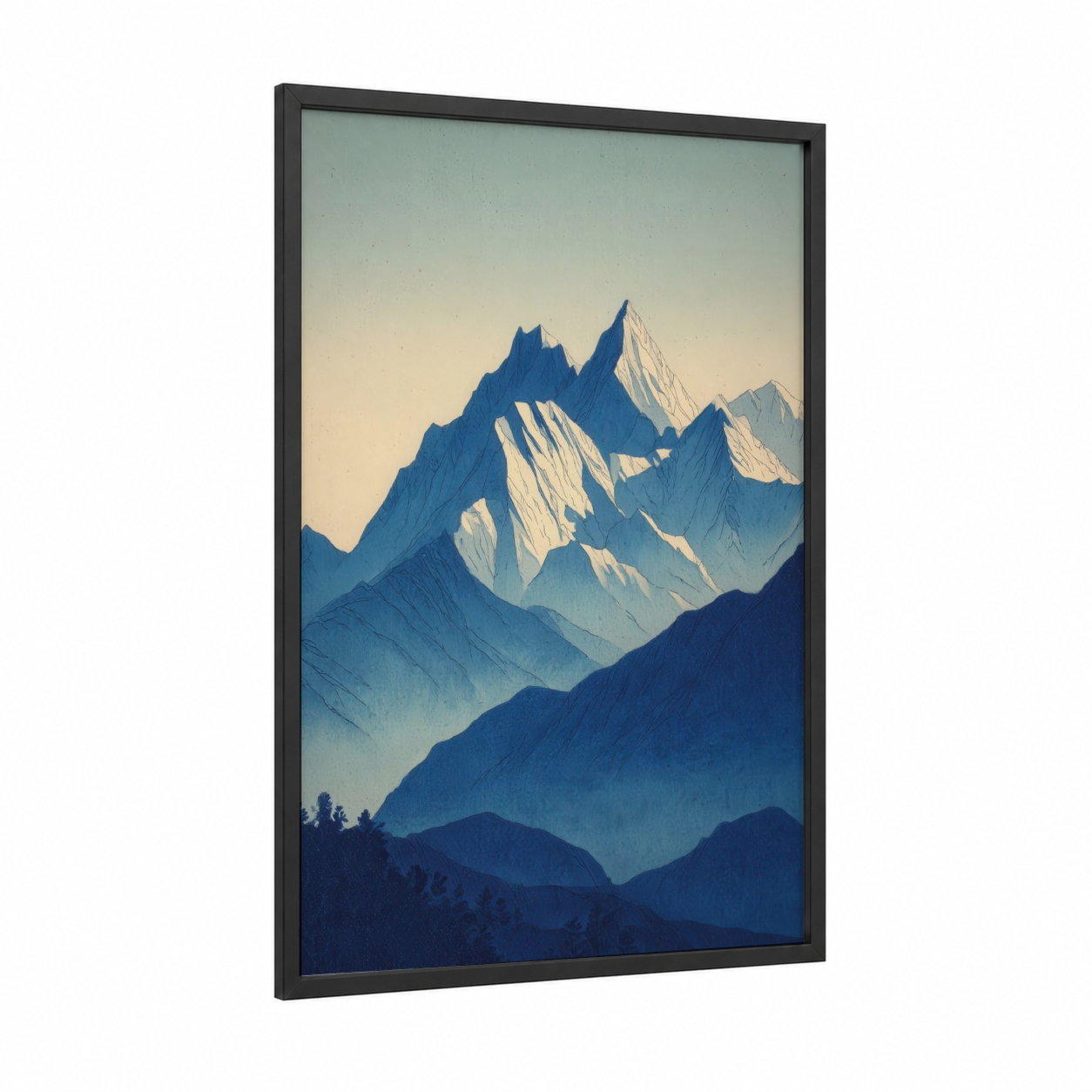 Alpine Everest framed mount everest print — black wood frame — blue and white palette
