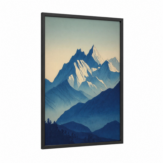 Alpine Everest framed mount everest print — black wood frame — blue and white palette