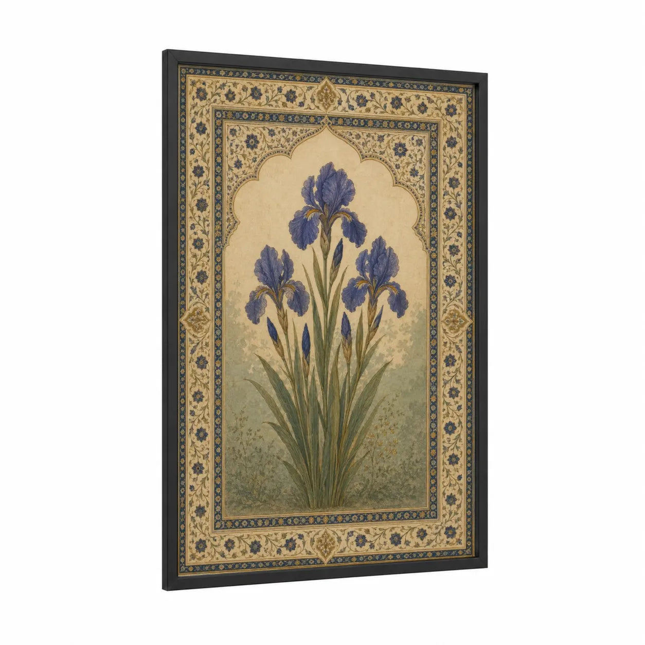Persian Iris Botanical Wall Art framed art print — black wood frame — beige and blue palette