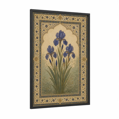 Persian Iris Botanical Wall Art framed art print — black wood frame — beige and blue palette