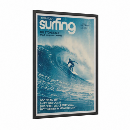Vintage Surfing Magazine Cover Wall Art framed art print — black wood frame — blue and turquoise palette