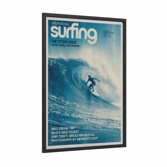 Vintage Surfing Magazine Cover Wall Art framed art print — black wood frame — blue and turquoise palette