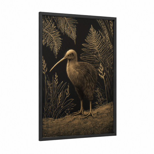 Golden Kiwi framed art print — black wood frame — gold and black palette