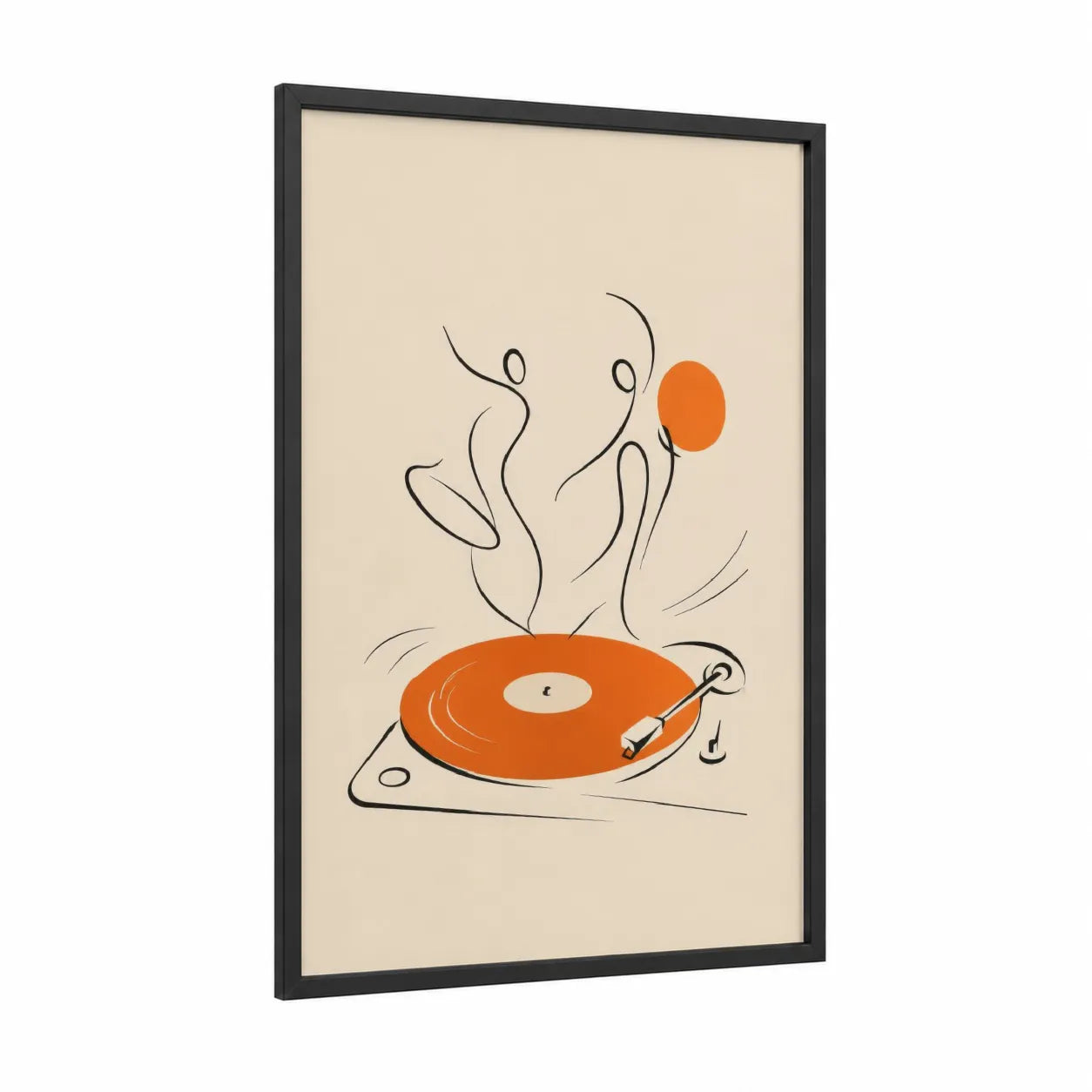 Retro Vinyl Record Dance Wall Art framed vinyl records print — black wood frame — orange and beige palette