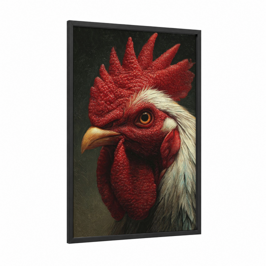 Crimson Rooster framed chicken and roosters print — black wood frame — red and black and white palette