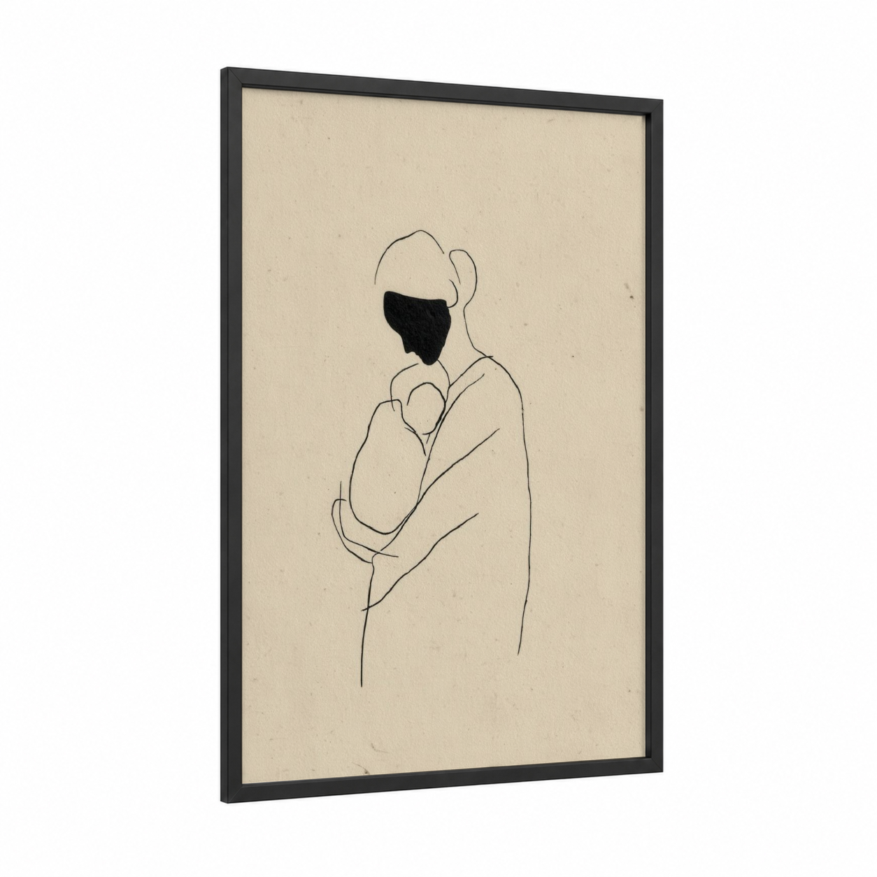 Mother's Embrace framed mother's day print — black wood frame — cream and black palette