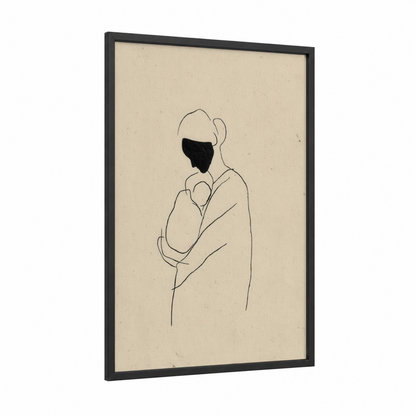 Mother's Embrace framed mother's day print — black wood frame — cream and black palette