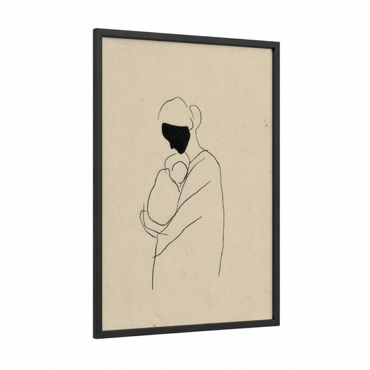 Mother's Embrace framed mother's day print — black wood frame — cream and black palette