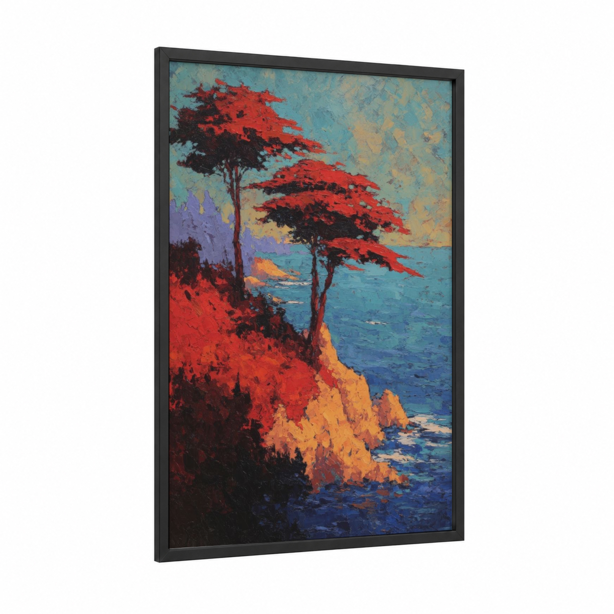 Crimson Cliff Overlook framed art print — black wood frame — red and blue palette
