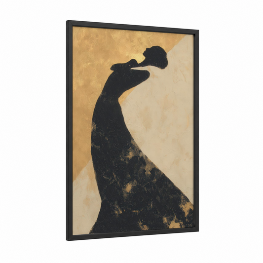 Graceful Silhouette framed belly dance print — black wood frame — black and cream palette