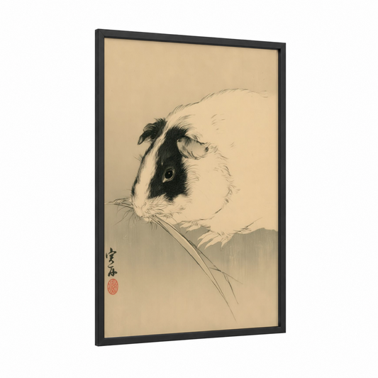 Monochrome Guinea Pig framed art print — black wood frame — black and white and cream palette