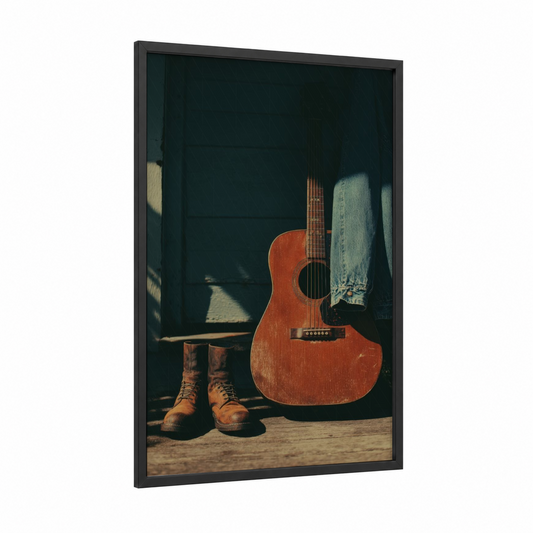 Rustic Country Guitar framed art print — black wood frame — russet and brown palette