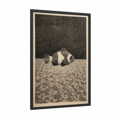 Striped Clownfish framed clown fish print — black wood frame — black and white and gray palette