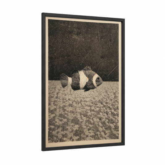 Striped Clownfish framed clown fish print — black wood frame — black and white and gray palette