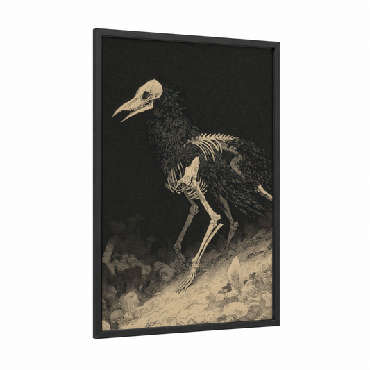 Skeletal Chimera framed art print — black wood frame — black and white and cream palette