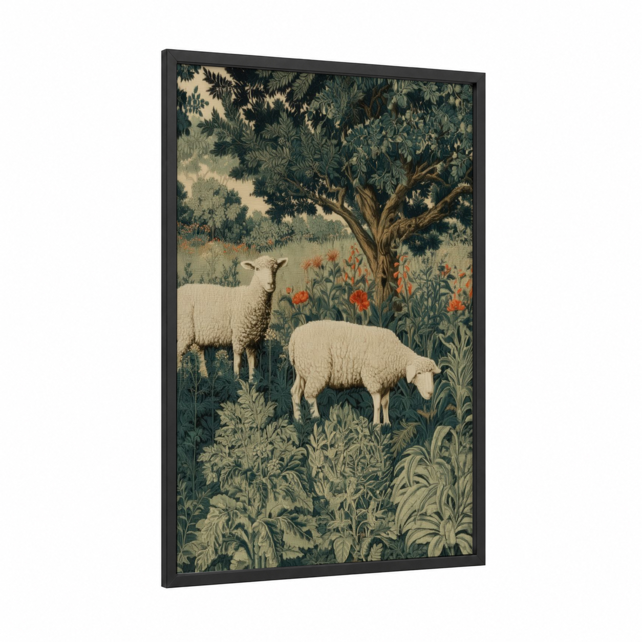 Pastoral Sheep Pair framed art print — black wood frame — cream and dark green palette