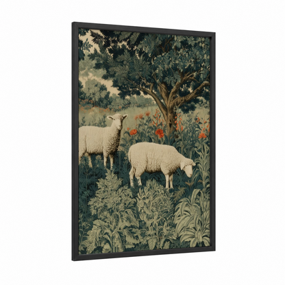 Pastoral Sheep Pair framed art print — black wood frame — cream and dark green palette