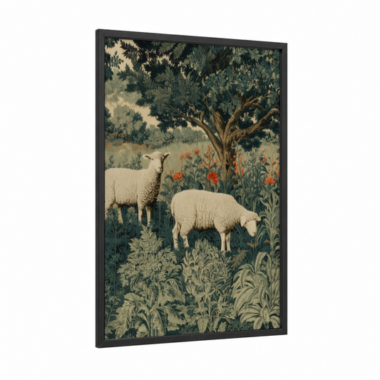 Pastoral Sheep Pair framed art print — black wood frame — cream and dark green palette