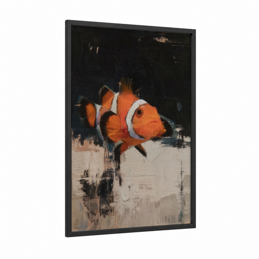 Vibrant Clownfish framed clown fish print — black wood frame — orange and black palette