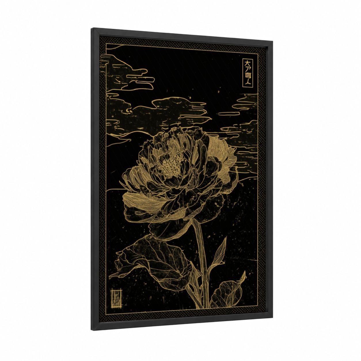 Golden Peony Night framed abstract flower print — black wood frame — gold and black palette