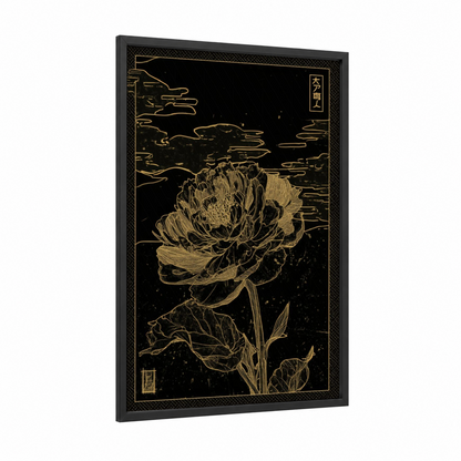 Golden Peony Night framed abstract flower print — black wood frame — gold and black palette