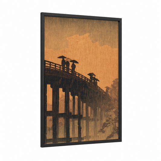 Rainy Bridge Silhouettes framed storm print — black wood frame — gold and black palette
