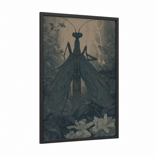Praying Mantis Vintage framed prayin mantis print — black wood frame — teal and cream palette