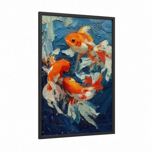 Dancing Goldfish framed art print — black wood frame — blue and orange palette