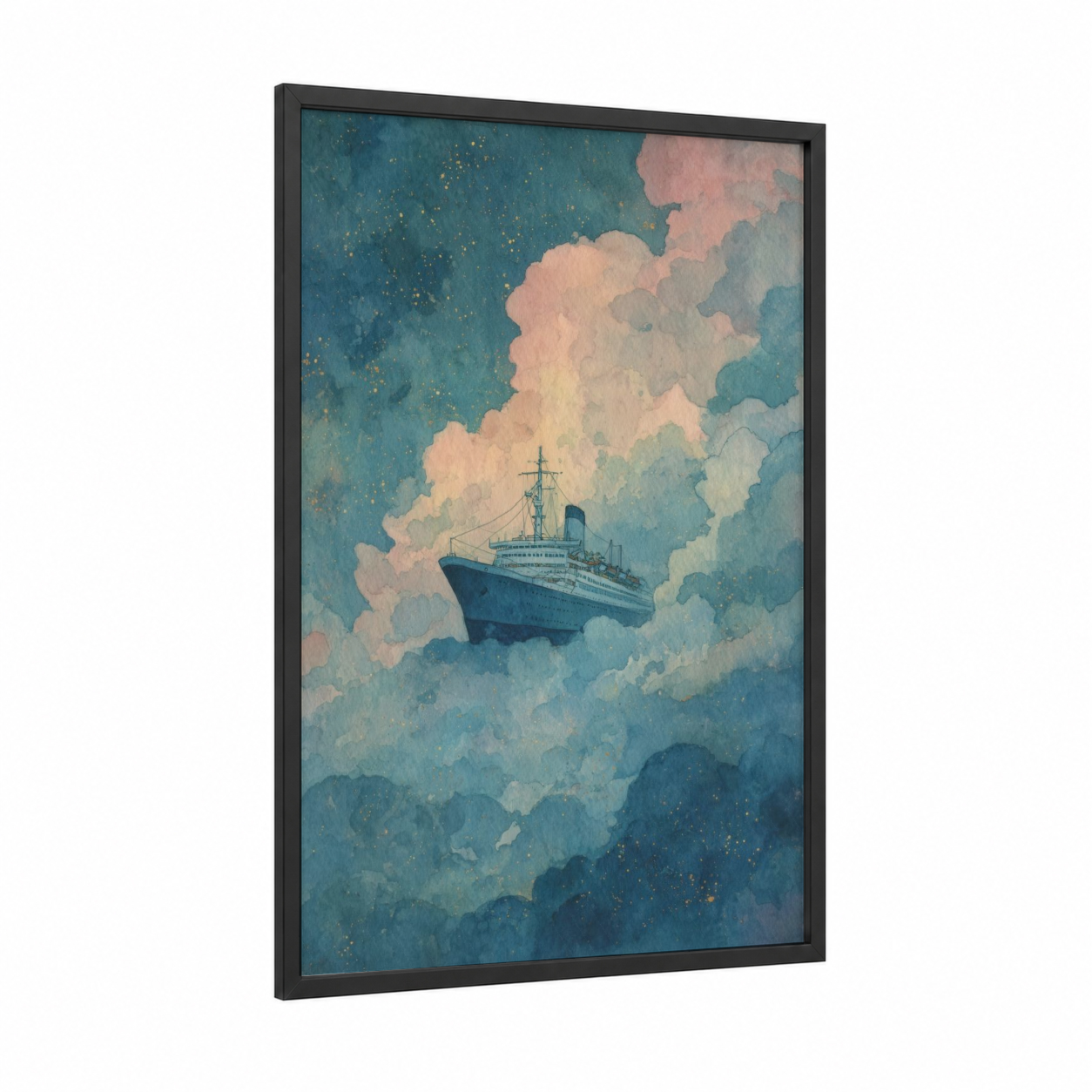 Celestial Voyage framed cruise ship print — black wood frame — teal and peach palette