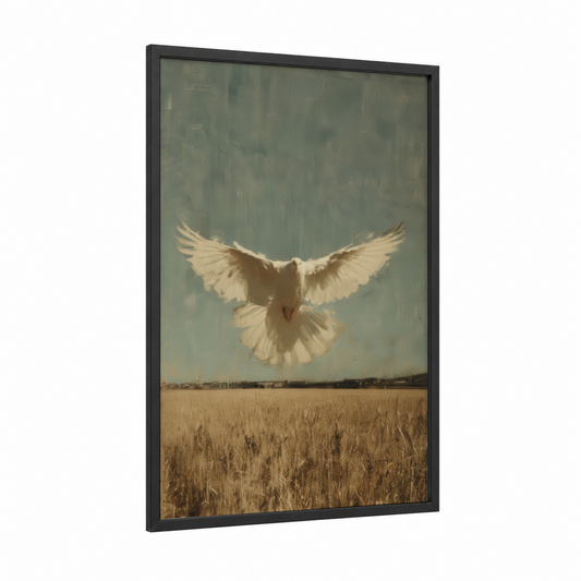 Ascending Dove framed art print — black wood frame — sage green and cream palette
