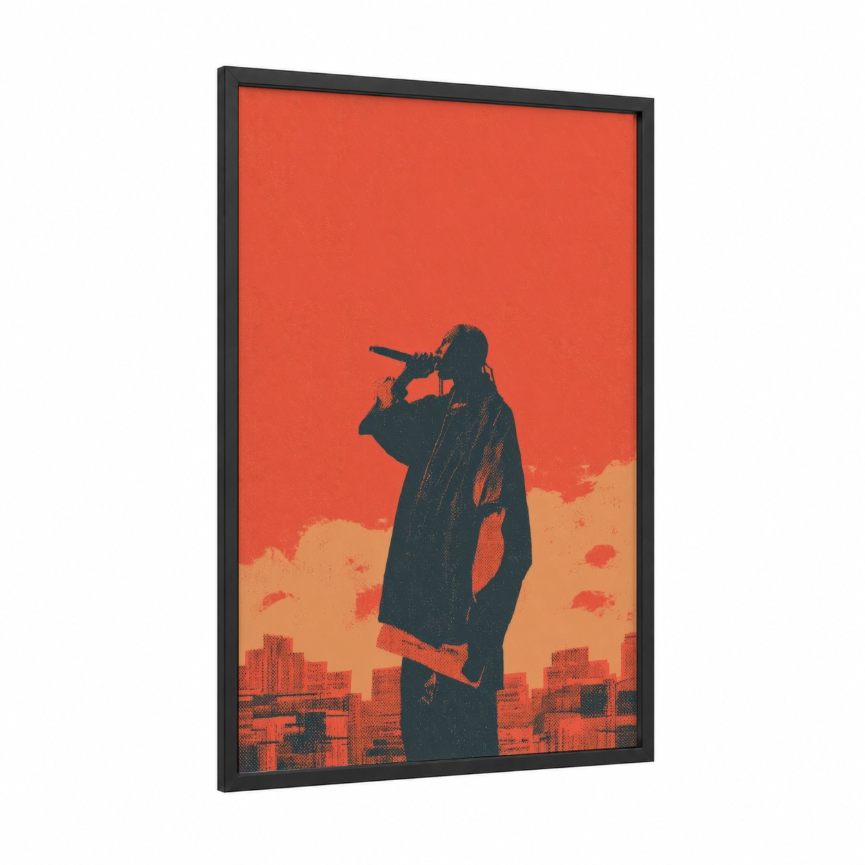 Urban Visionary framed hiphop print — black wood frame — red and orange palette