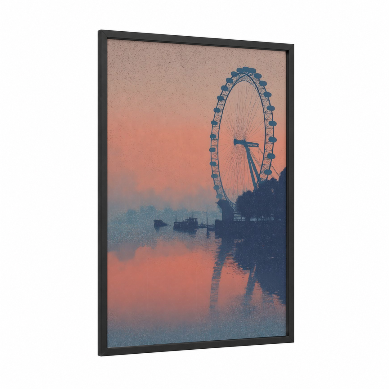 Misty London Eye framed art print — black wood frame — peach and blue palette