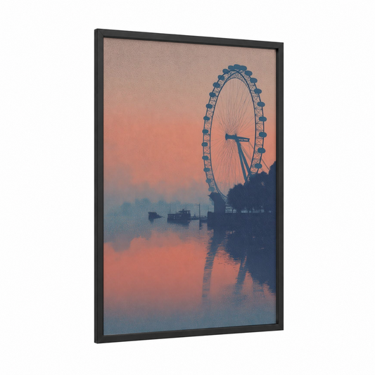 Misty London Eye framed art print — black wood frame — peach and blue palette