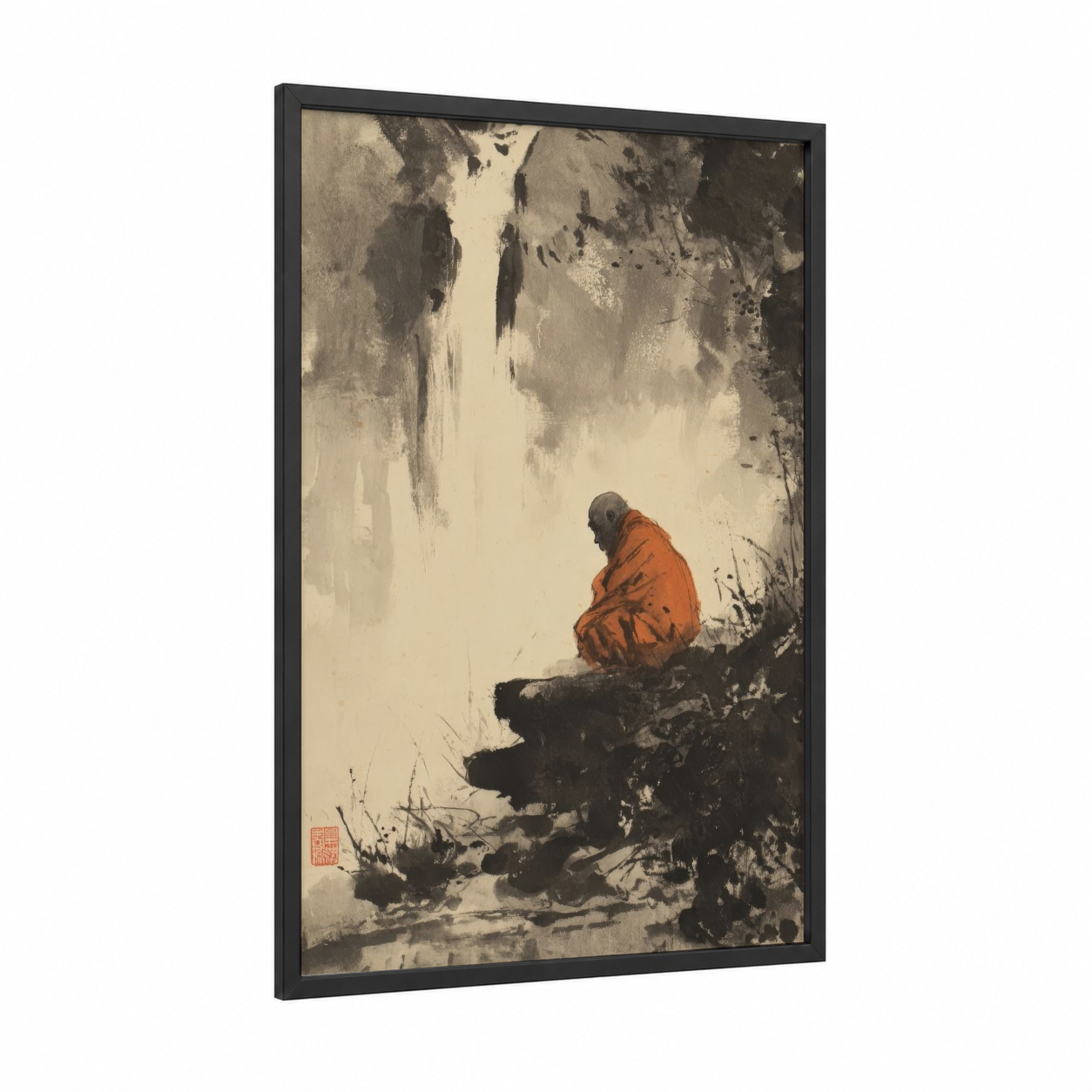 Meditative Monk framed monkey print — black wood frame — cream and black palette