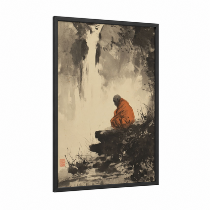Meditative Monk framed monkey print — black wood frame — cream and black palette
