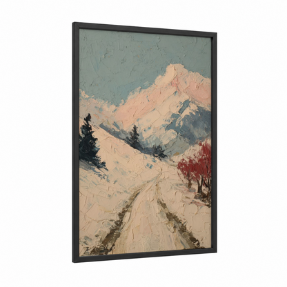 Snowy Mountain Peak framed winter print — black wood frame — cream and sage green palette