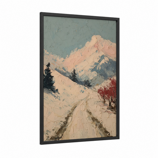 Snowy Mountain Peak framed winter print — black wood frame — cream and sage green palette