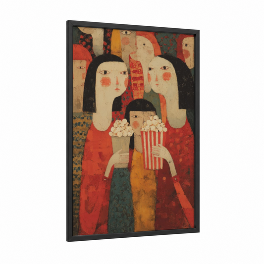 Cinema Gathering framed popcorn print — black wood frame — red and cream palette