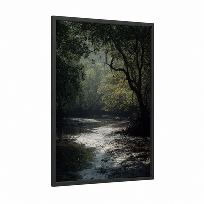 Mangrove Sanctuary framed art print — black wood frame — dark green and gray and white palette