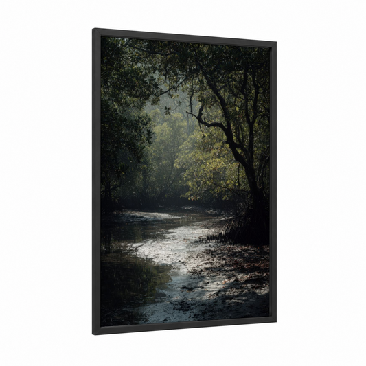 Mangrove Sanctuary framed art print — black wood frame — dark green and gray and white palette