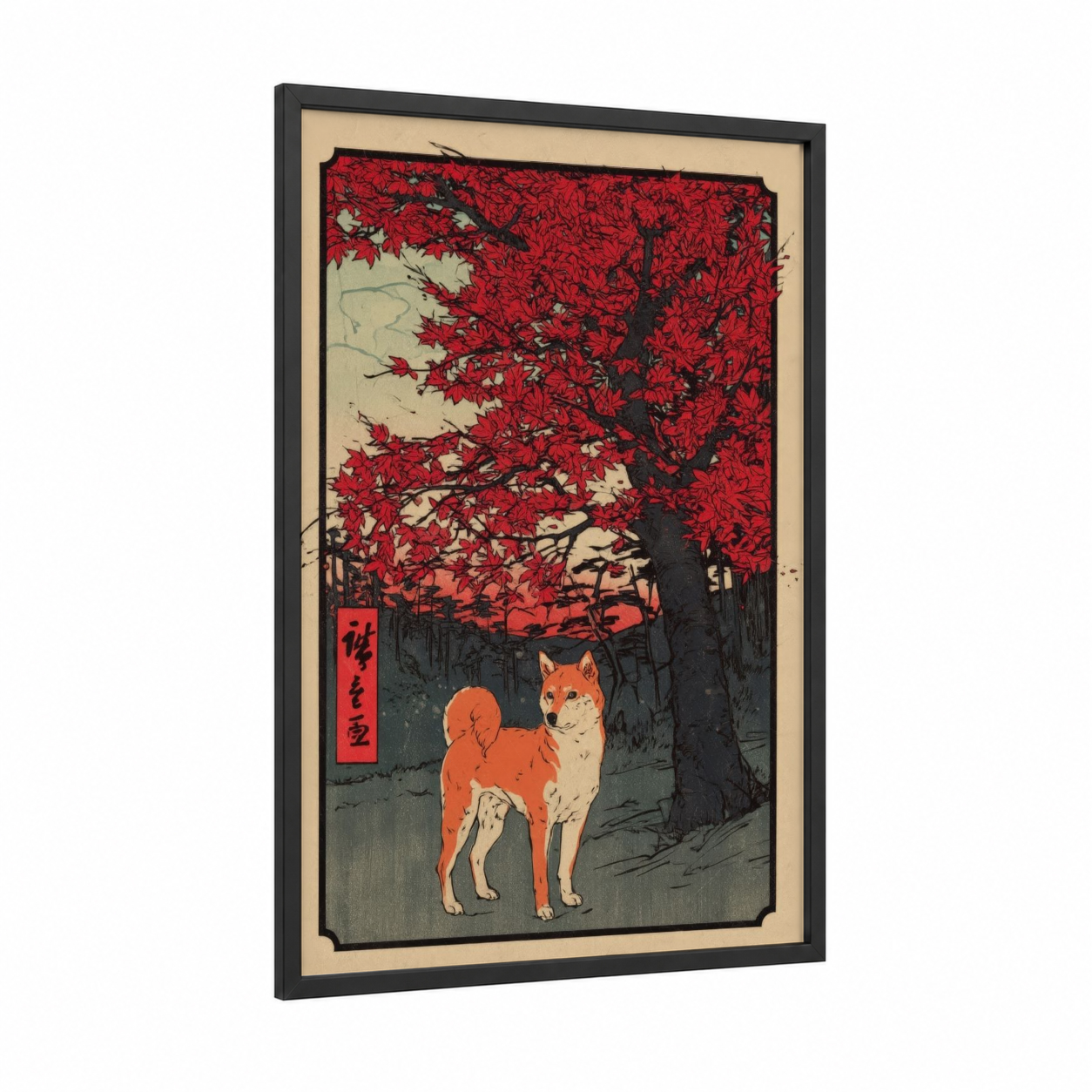 Autumn Spitz framed art print — black wood frame — red and cream palette