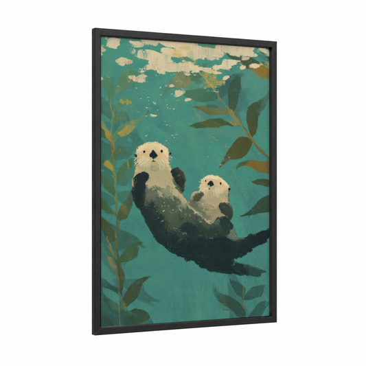 Holding Hands Otters framed animals in love print — black wood frame — teal and cream palette