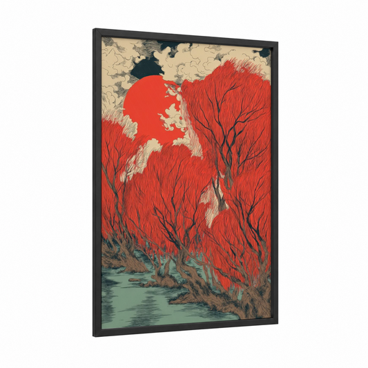 Crimson Willow Sunset framed willow forest print — black wood frame — red and teal palette