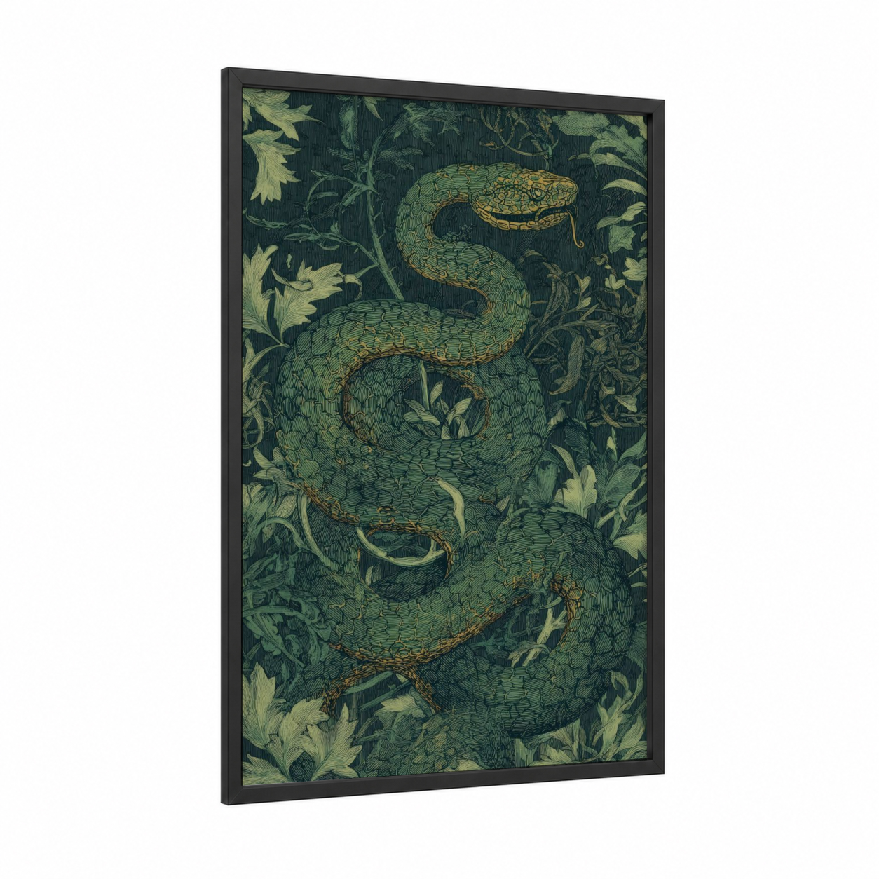Jungle Viper framed art print — black wood frame — dark green and gold palette