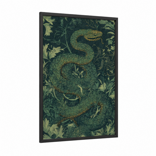 Jungle Viper framed art print — black wood frame — dark green and gold palette