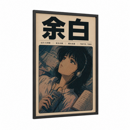 Retro Tokyo Music Listener Wall Art framed musician print — black wood frame — beige and dark blue palette